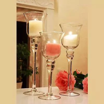 Set Of 3 Tall Glass Large Candle Holders Centrepiece Tea-Light Wedding Candles T • £14.99