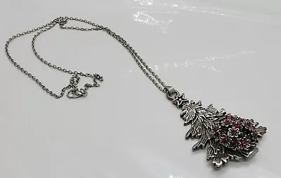 Vintage Christmas Tree Necklace Red Rhinestone Floral Design Silver Tone 30  • $12.74