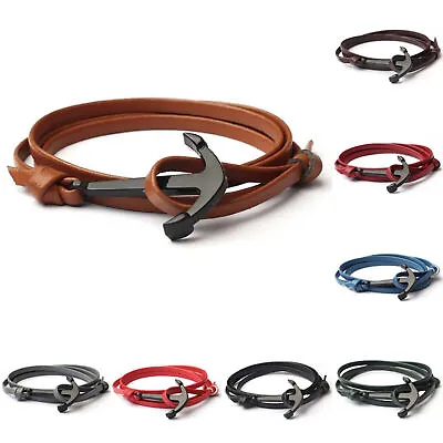 Leather Wrap Layer Anchor Bracelet Wristband Men's Women's Boho Surfer A966 • £7.95