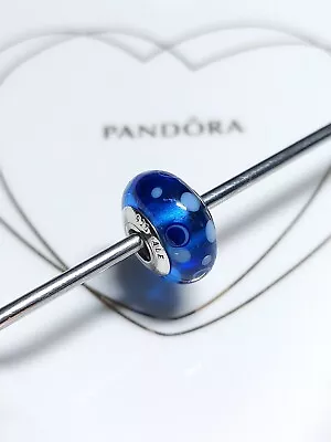 Genuine Pandora Silver Blue With White Spots Murano Glass Bead Charm 925 ALE. • £10
