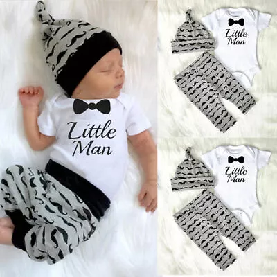 Newborn Baby Boy Infant Short Sleeve Romper + Long Pants +Hat Outfit Set Clothes • $15.99