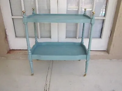 Vintage Wood Blue   Two-Shelf Serving Cart Side Table On Gold Casters From 1950s • $599.99