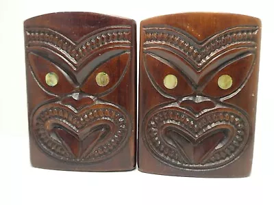 Pair Vintage Carved Wooden Tiki Totem Statue Bookend Nz Maori Paua Shell Eyes • $61.99