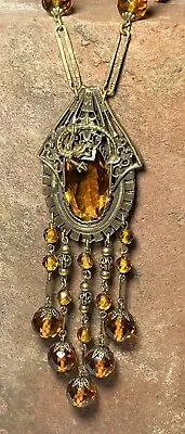 Vintage Dragon Necklace Long Drippy Golden Faceted Cut Glass Beaded Fringe Czech • $40.45