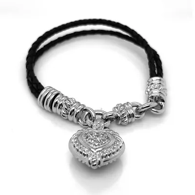 Judith Ripka Sterling Silver CZ Magnetic Heart & Leather Bracelet • $11.50