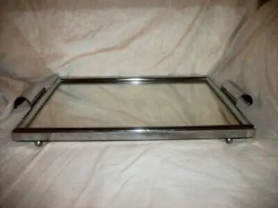 ART DECO CHROME VANITY MIRROR TRAY MACHINE AGE ROLLED HANDLES SERVING 1920s • $199.39