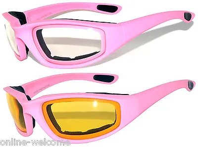  2 Pairs Pink Padded Motorcycle Glasses Riding Foam Clear And Yellow Night Drive • $12.99