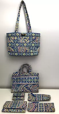 6 PC Vera Bradley Capri Blue~Tic Tac Tote + 2 Wallets +3 Cosmetic Bag GUC See* • $29.99