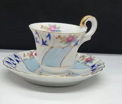 Ucagco China Blue White Demitasse Teacup And Saucer  Pink Flower Occupied Japan  • $12