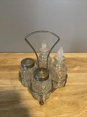 Vintage Glass Condiment Caddy Salt Pepper Vinegar & Oil With Lids Silver Plate • $20