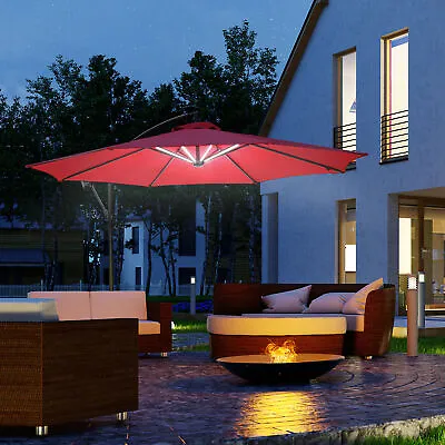 3(m) LED Patio Banana Umbrella Cantilever Parasol W/ Solar Lights Crank Handle • £79.99