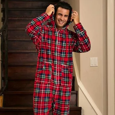 Alexander Del Rossa Men's Fleece One-Piece Pajamas Stewart Tartan Plaid Size L • $34.99