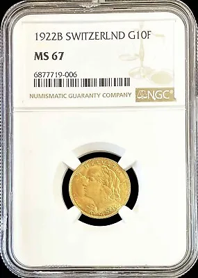1922 B Gold Switzerland 10 Francs Helvetia Coin Ngc Mint State 67 • $395