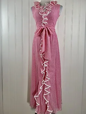 Miss Elliette Vintage Pink White Polka Dot Maxi Dress With Ruffle Detail Size 8 • $99.99