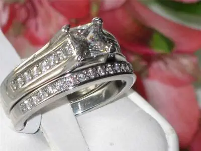 Ladies Ring Set Silver Engagement Wedding Band Princess Stainless Steel  Size T • £10.20