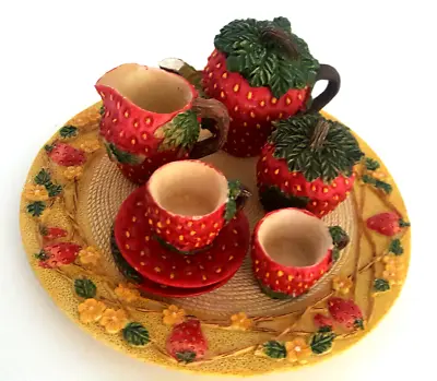 Vintage Miniature Tea Pot Set~Strawberries~10 Piece Novelty Resin Fruit • $20