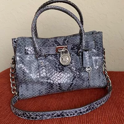 Michael Kors Hamilton Python Snake Skin Leather Satchel Purse W Lock & Key Blue • $69.95