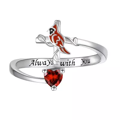 Silvertone Red Rhinestone Heart & Red Cardinal Open Adjustable Ring - New • $14.99