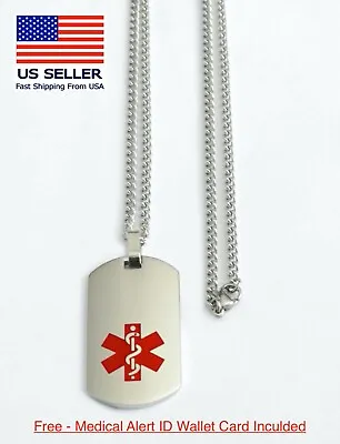 Diabetic Necklace Medical Alert ID Necklace  - FREE ID Wallet CardPre Engraved • $12.99