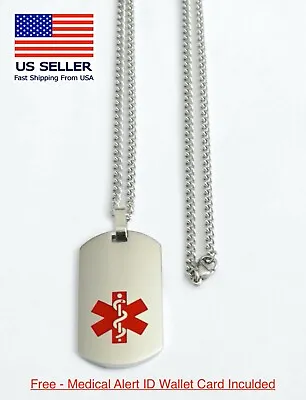 Medical Alert ID Necklace  - FREE ENGRAVING / WALLET CARD & Ship -Dog Tag -USA • $13.25