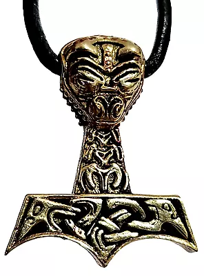 Bronze Thors Hammer Uhtred Necklace Pendant Mjolnir Bear's Head Asatru Leather • $35.98