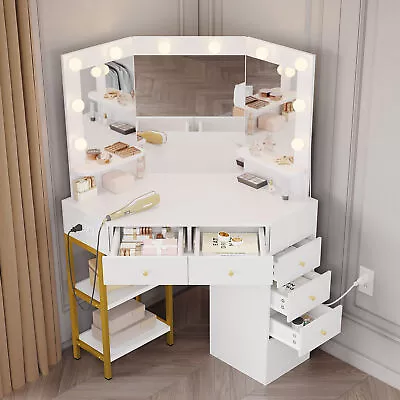 6 Drawers Vanity Desk Set With Large LED Lighted Mirror For Bedroom Makeup Dress • $185.99