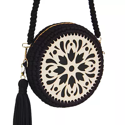 Luxury Look Handmade Fabric & Wooden Base Round Crochet Hand Bag For Office Girl • £29.99