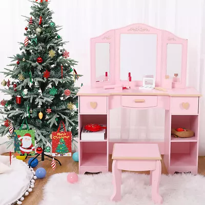 Wood Children Girls Vanity Dressing Makeup Table Set Stool W/Drawer & Mirror US • $103.74