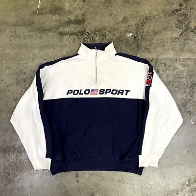 £65 • Buy Polo Ralph Lauren Polo Sport Sweatshirt 90s Half-Zip Sweater, Navy, Mens XL
