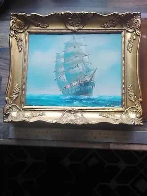 Antique Vintage Style Oil On Canvas Painting Seascape Ship Galleon • £65