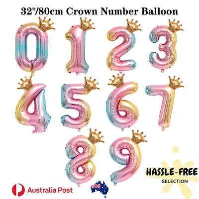 32  80cm Rainbow Gold Crown Number Balloon Party Birthday Large  Year 1234567890 • $4.29