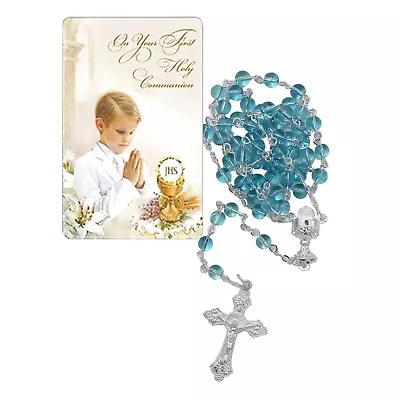 £5.49 • Buy First Holy Communion Rosary Beads And Card Gift Set - Boy / Blue Beads