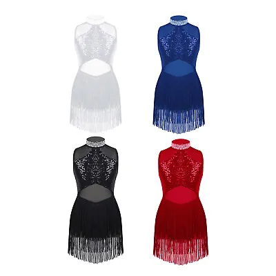 Girls Sequined Tassel Latin Dance Leotard Rumba Samba Jazz Dance Dress Costume • £16.40