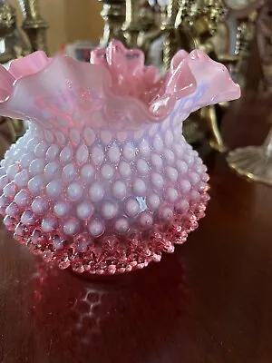 Vintage Fenton Glass Cranberry Pink White Opalescent Hobnail Ruffled Vase • $39.99