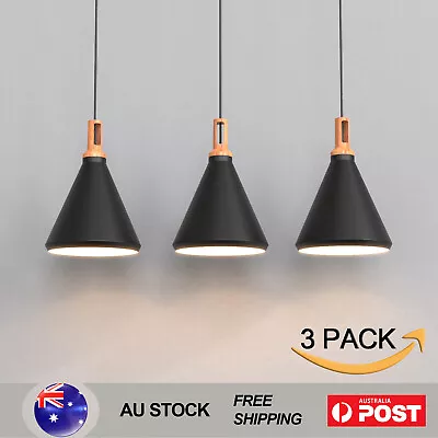 3X Nordic Pendant Light Wooden Kitchen Island Bar Lamps Funnel Shape 25CM Black • $299