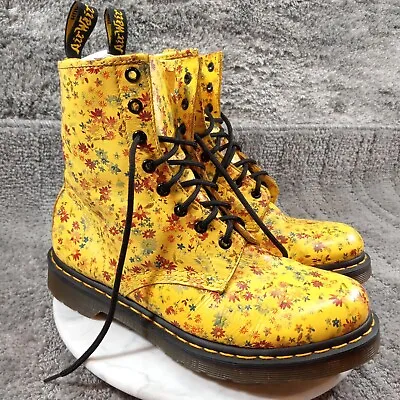 $275 • Buy VTG Dr Martens 1460 Y2K Sun Yellow Flowers Print Leather Boots Womens US 10
