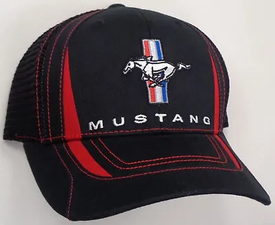 Hat Cap Licensed Ford Mustang Tri Bar Black Mesh Red Accent CF • $19.99