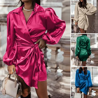 $27.79 • Buy ZANZEA Women Satin Silky Sexy Mini Dress Puff Long Sleeve Party Club Shirt Dress