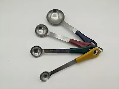 Vintage Stainless Steel MEASURING Spoons Set Of 4 Colored Plastic Handles Taiwan • $9.99