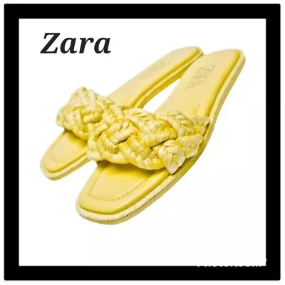 $49 • Buy NWT Zara Women's Woven Raffia Flat Sandals In Yellow Size U.S. 8 Euro 39