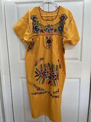 Mexican Peasant Midi Dress Women’s Hand Embroidered Floral Yellow Size Large? • £24.10