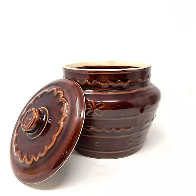 Marcrest Stoneware Bean Pot Crock & Lid Daisy Dot Oven Proof Brown Glazed MCM • $14.99