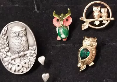 4 Vtg Owl Pins/Brooches -Pewter Enamel Rhinestones • $12.99