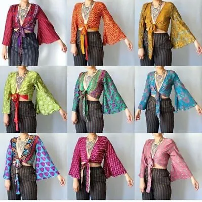 Wholesale 25 Pc Indian Vintage Silk Sari Bell Sleeve Crop Top Retro 60s Clothing • $397.12