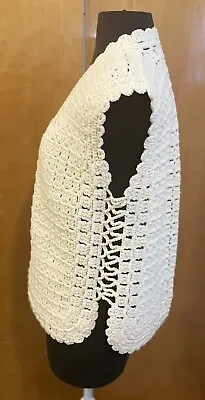 Vintage Handmade Beige Cream Open Knit Crochet Handmade Sweater Vest Womens • $28.03