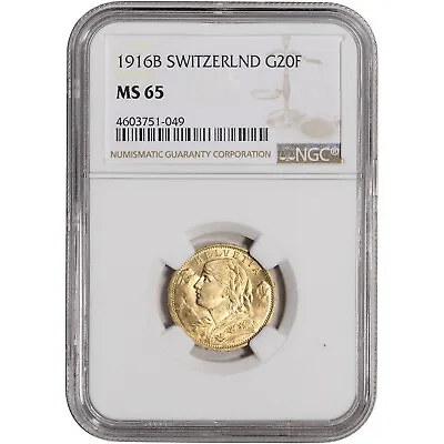 $557.29 • Buy 1916 B Switzerland Gold 20 Francs - NGC MS65