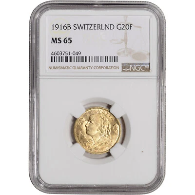$571.81 • Buy 1916 B Switzerland Gold 20 Francs - NGC MS65