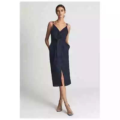 NEW Reiss Kay Linen Plunge Dress Navy Blue Midi Tie Knot Slit 10 • $95