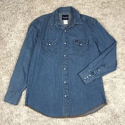 Vintage Wrangler Denim Western Cowboy Pearl Snap Button Shirt Men’s Large L/S • $29