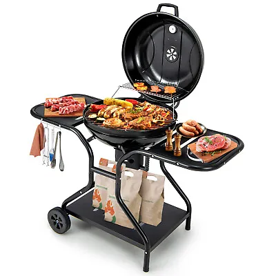 22 Inch Charcoal BBQ Grill W/ Built-In Thermometer Wheels Side & Bottom Shelves • $139.99